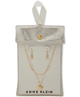 Anne Klein Gold-Tone 2-Pc. Set Textured Heart Layered Necklace & Matching Drop Earrings