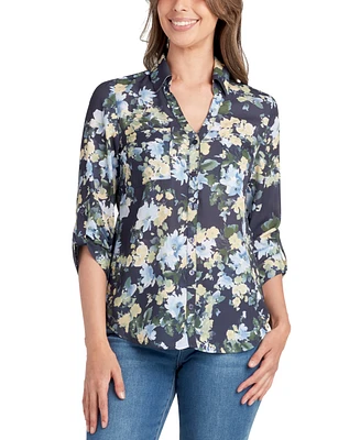 Bcx Juniors' Floral-Print Roll-Tab-Sleeve Collar Top