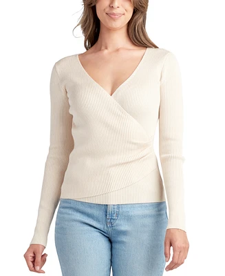 Bcx Juniors' Ribbed Faux-Wrap Long-Sleeve Sweater