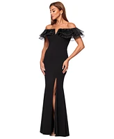 Xscape Women's Ruffled Off-The-Shoulder Side-Slit Gown