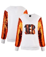 Cuce Women's White Cincinnati Bengals Sequin Sleeve V-Neck Pullover Sweatshirt