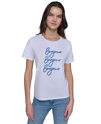 Karl Lagerfeld Paris Petite Bonjour Embellished Crewneck T-Shirt