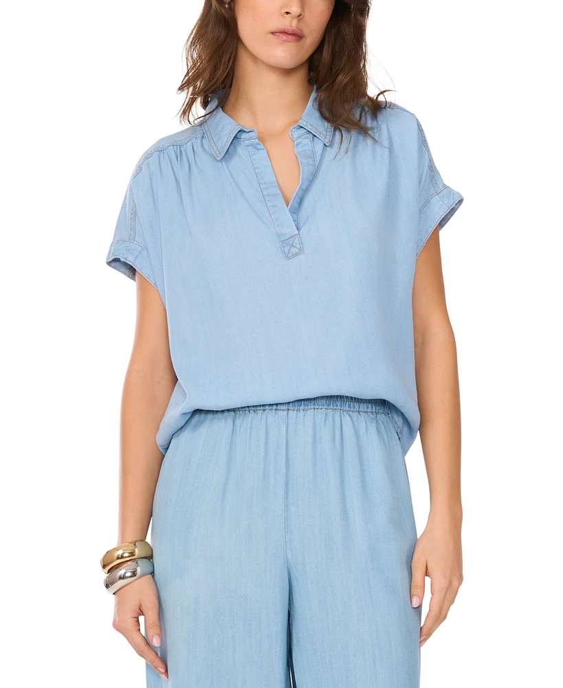 1.state Women's Chambray Johnny-Collar Top