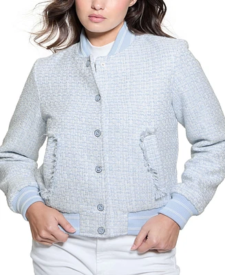 Guess Women's New Gloria Long-Sleeve Tweed Bomber Jacket