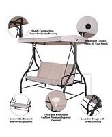 Costway Converting Outdoor Swing Canopy Hammock 3 Seats Patio Deck Furniture beige