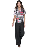 Karl Lagerfeld Paris Women's Printed Short-Sleeve Button-Front Top