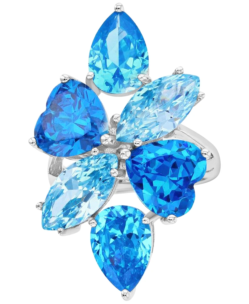 Blue Cubic Zirconia Mixed Cut Cluster Statement Ring Sterling Silver