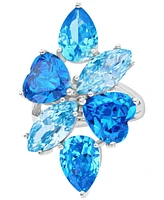 Blue Cubic Zirconia Mixed Cut Cluster Statement Ring Sterling Silver