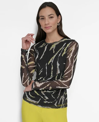 Dkny Petite Printed Mesh Long-Sleeve Top