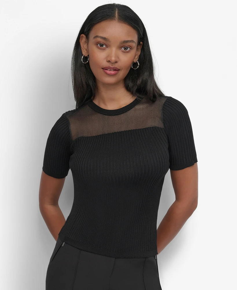 Dkny Petite Mesh-Trim Ribbed Knit Top