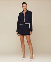 Avec Les Filles Womens Lace Trim Button Front Crop Jacket A Line Contrast Trim Mini Skirt