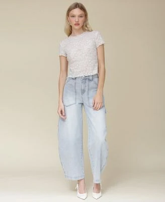 Avec Les Filles Womens Lace Lettuce Hem Boat Neck Top High Rise Barrel Leg Jeans