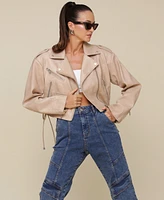 Avec Les Filles Women's Wide-Shoulder Cropped Biker Jacket