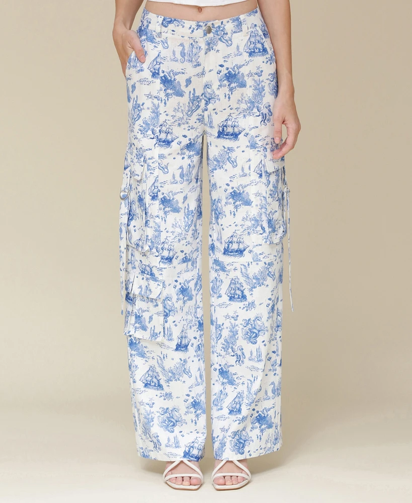 Avec Les Filles Women's Oceanic-Print Wide-Leg Cargo Pants