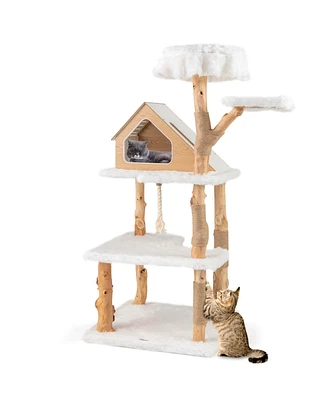 Costway 60" Tall Solid Wood Cat Tree with 2 Perches Condo Jute Scratching Posts Sisal Rope