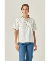 English Factory Women's Bow Bead Detail Top