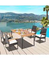 Gouun 5 Pieces Patio Wicker Cushioned Dining Set with Wood Armrest and Umbrella Hole