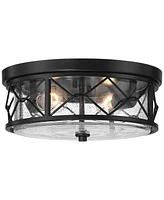 Franklin Iron Works Quincy 14" Industrial Flush-Mount Ceiling Light Fixture Kitchen Foyer Hallway Round Drum 2-Light Black Clear Seeded Glass Bedroom