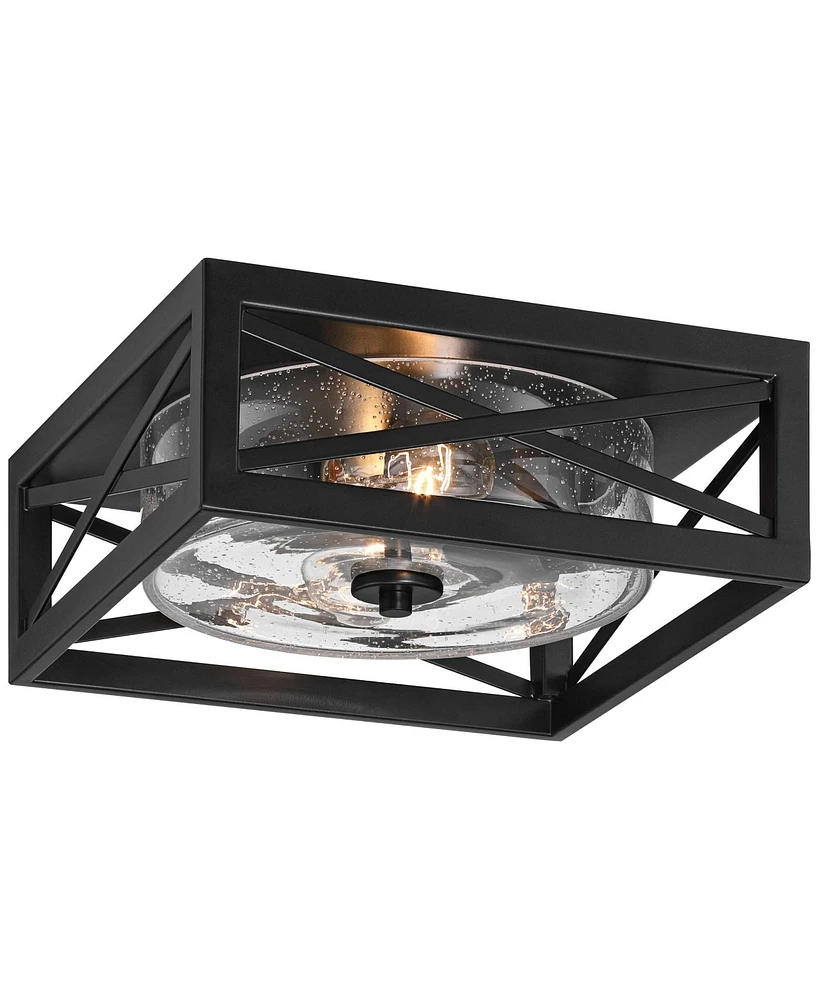 Franklin Iron Works Drake 12" Modern Industrial Flush-Mount Ceiling Light Fixture Kitchen Foyer Hallway Round 2-Light Black Clear Seeded Glass Metal B