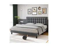 gaomon Full Size Button Tufted Platform Bed Frame, Velvet Upholstered Bed Frame with Adjustable Headboard, Wood Slat Support, No Box Spring Needed