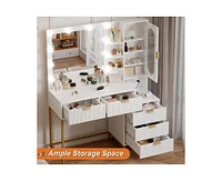 gaomon Modern Vanity Makeup Desk with Vanity Mirror, Built-in Lights, 5 Drawers, Power Outlet, Makeup Desk for Bedroom