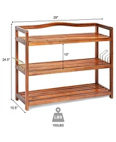 Gouun 3-Tier Acacia Wood Shoe Rack with Side Metal Hooks