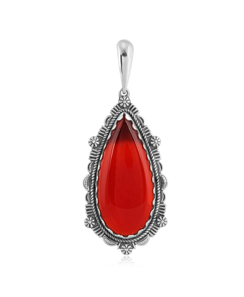 American West Jewelry Sterling Silver Red Onyx Gemstone Teardrop Bordered Design Pendant Enhancer