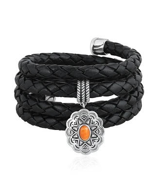 American West Jewelry Sterling Silver Orange Spiny Oyster Concha Braided Leather Wrap Bracelet, One Size Fits Most