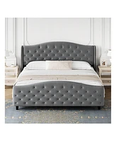 gaomon Queen/King Velvet Bed Frame With Headboard And Footboard, Tufted Wingback Headboard, Upholstered Platform Bed, Strong Wooden Slats, No Box