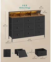 Slickblue Dresser for Bedroom with 9 Fabric Drawers, Led Lights, and Built-In Charging Station