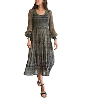 Paneros Clothing Women's Stella Smocked Midi Dress Navy and Olive Ikat Print