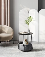 Slickblue Small Round Side End Table – Modern Nightstand with Fabric Basket for Storage