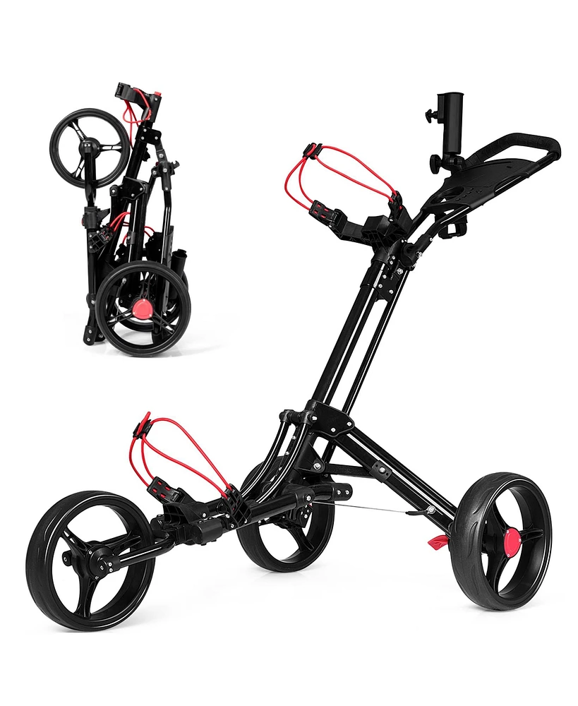 Gymax 3 Wheels Golf Push Pull Cart Folding Golf Pull Trolley w/ Adjustable Handle