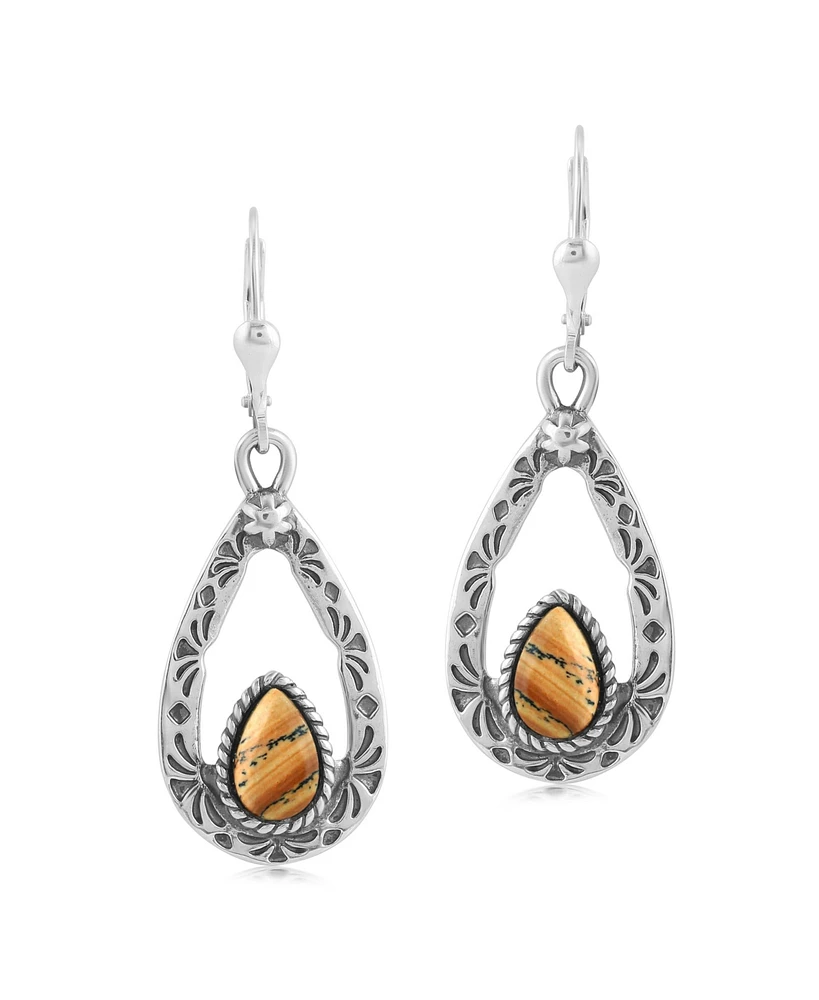 American West Jewelry Sterling Silver Picture Jasper Gemstone Open Teardrop Dangle Earrings