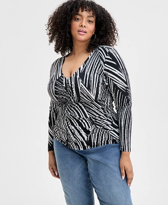 I.n.c. International Concepts Plus Printed Ruched-Front Knit Top, Exclusively at Macy's