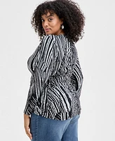 I.n.c. International Concepts Plus Printed Ruched-Front Knit Top, Exclusively at Macy's