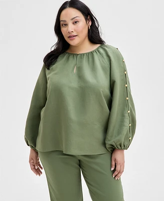 I.n.c. International Concepts Plus Linen-Blend Button-Sleeve Blouse, Exclusively at Macy's