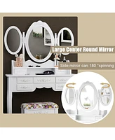 Sugift Vanity Set with Tri-Folding Mirror and Cushioned Stool