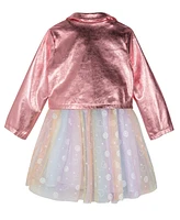 Sparkle & Shine Little Girls Smiley Face Mesh Dress with Metallic Moto Jacket, 2-Piece Set