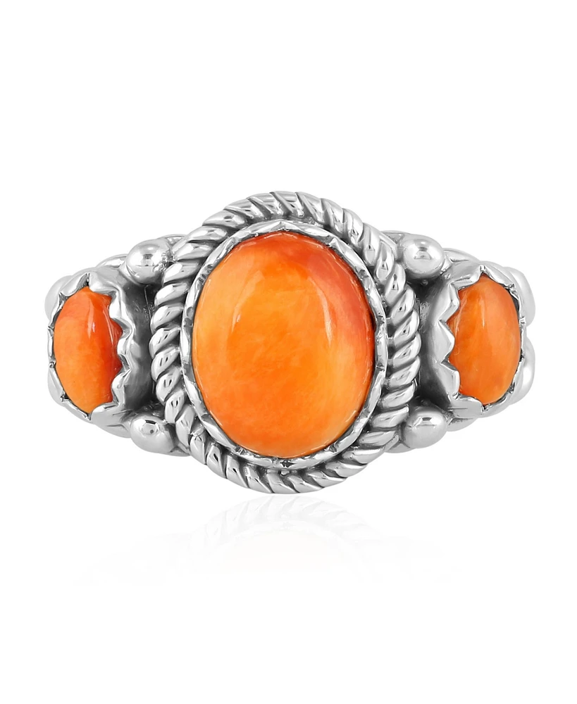 American West Jewelry Sterling Silver Orange Spiny Oyster 3-Stone Ring