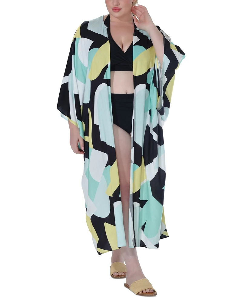 Raviya Plus Printed Open-Front Kimono Cover-Up