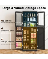 Gouun Tall Kitchen Pantry Cabinet with Dual Tempered Glass Doors and Shelves