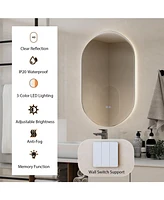 Costway 32'' x 20'' Oval Bathroom Wall Mirror Mounted Makeup Mirror with Lights & Anti-Fog