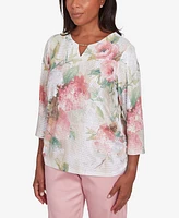 Alfred Dunner Women's Coming Up Roses Hydrangea Beaded Split Neck Top