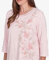 Alfred Dunner Women's Coming Up Roses Asymmetric Floral Embroidered Crew Neck Top