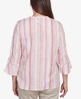 Alfred Dunner Women's Coming Up Roses Striped Button Down Embroidered Sleeve Top