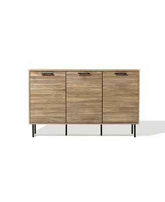 LuxenHome Mid-Century Modern Wave 3-Door 55.1-Inch Wide Kitchen Sideboard Cabinet with Metal Legs