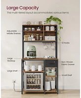 Slickblue Bakers Rack with Charging Station – Coffee Bar with Adjustable Storage Shelves, Fabric Drawer & 12 Hooks for Kitchen or Dining Room