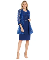 R & M Richards Women's 3D Floral-Embellished Sheer Jacket, Sleeveless Sheath Dress Necklace Set