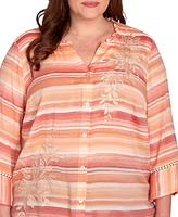 Alfred Dunner Plus Scottsdale Warm Stripe Floral Embroidered Top